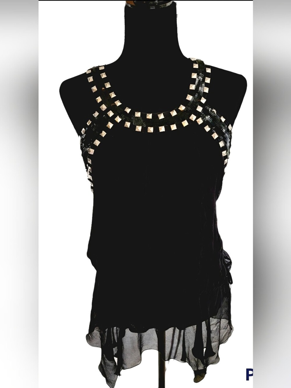 Hannah Jo 100% Silk Studded Sequin Tank Top Black Whimsigoth Ruffle Hem Size M